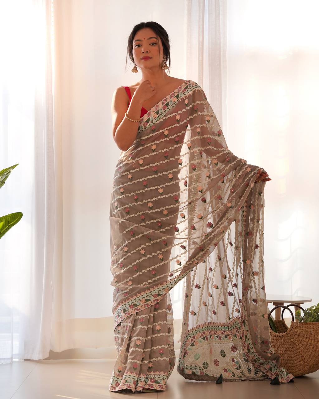 Teeya Creation Gajari Color Thai Organza Silk Embroidery Work Saree