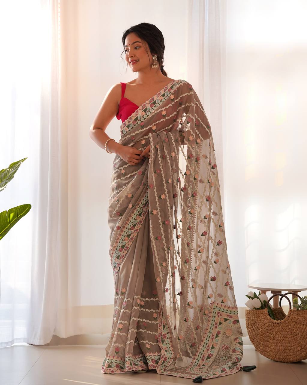 Teeya Creation Gajari Color Thai Organza Silk Embroidery Work Saree