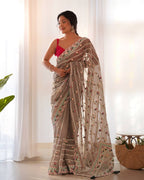 Teeya Creation Gajari Color Thai Organza Silk Embroidery Work Saree