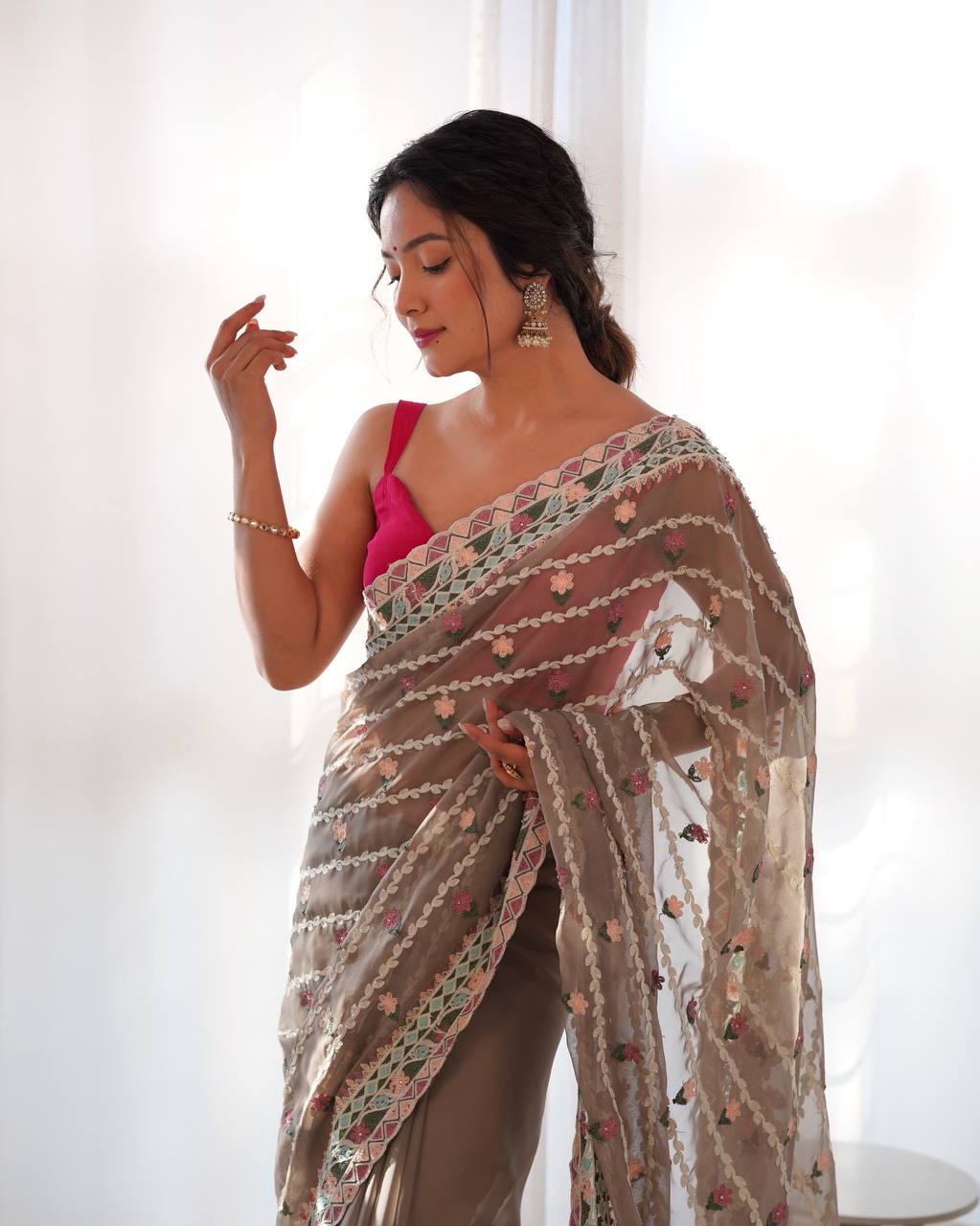 Teeya Creation Gajari Color Thai Organza Silk Embroidery Work Saree