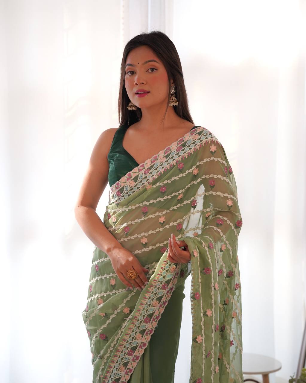 Teeya Creation Gajari Color Thai Organza Silk Embroidery Work Saree