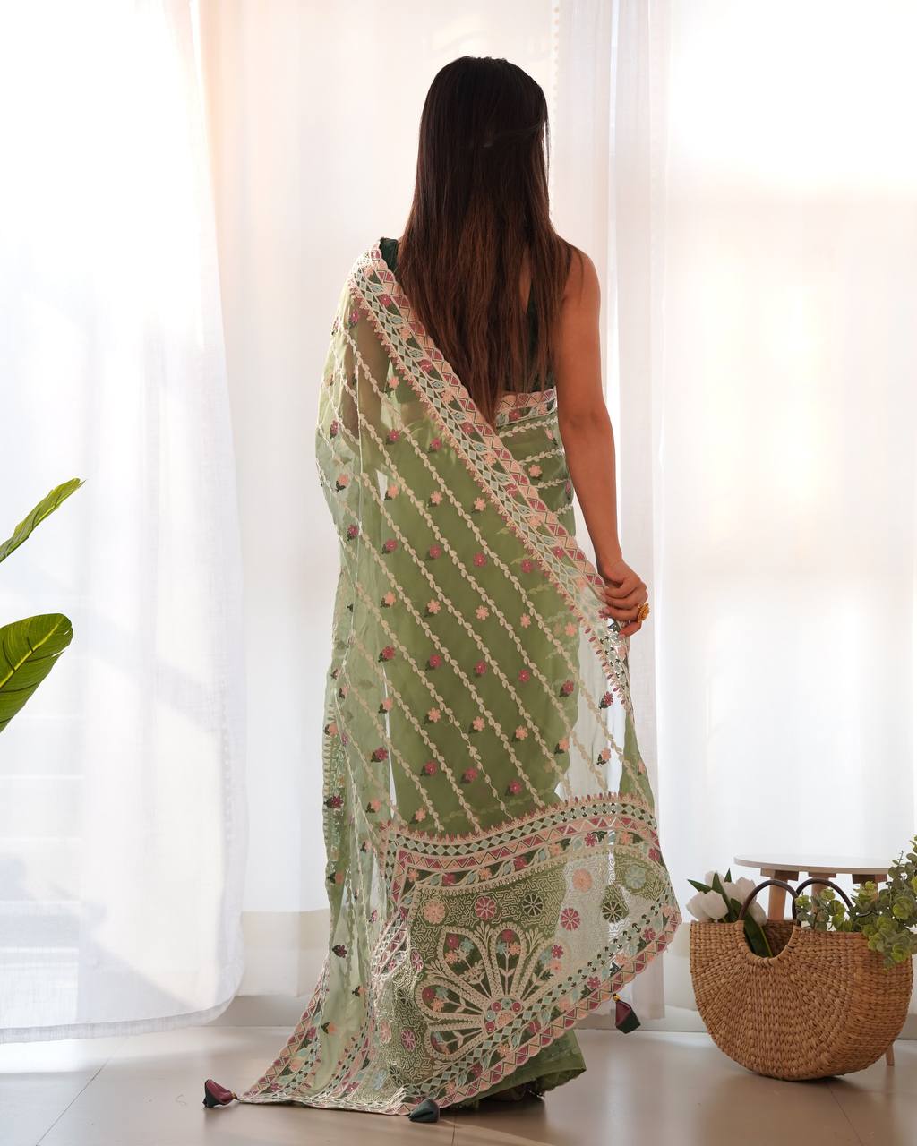 Teeya Creation Gajari Color Thai Organza Silk Embroidery Work Saree
