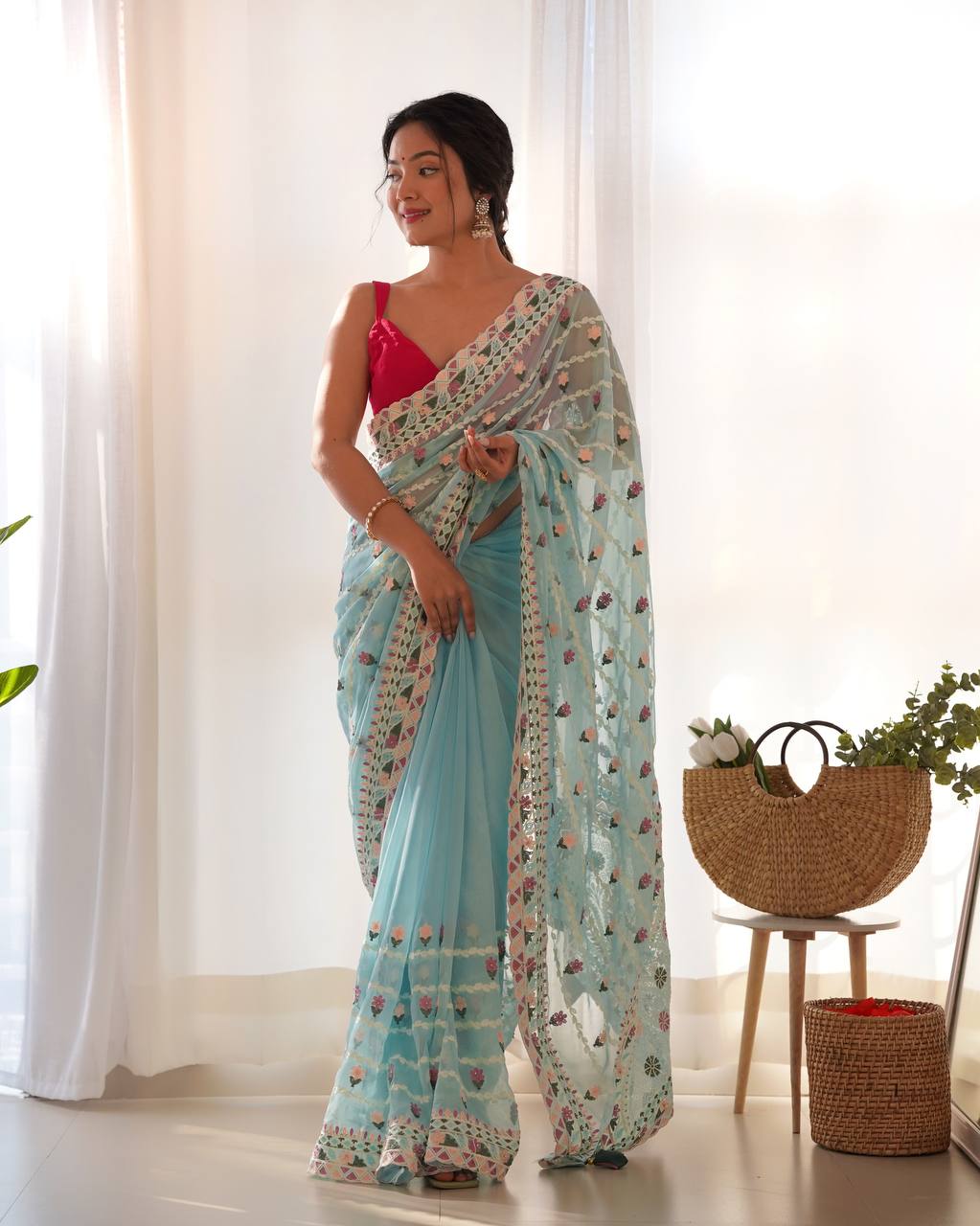 Teeya Creation Gajari Color Thai Organza Silk Embroidery Work Saree