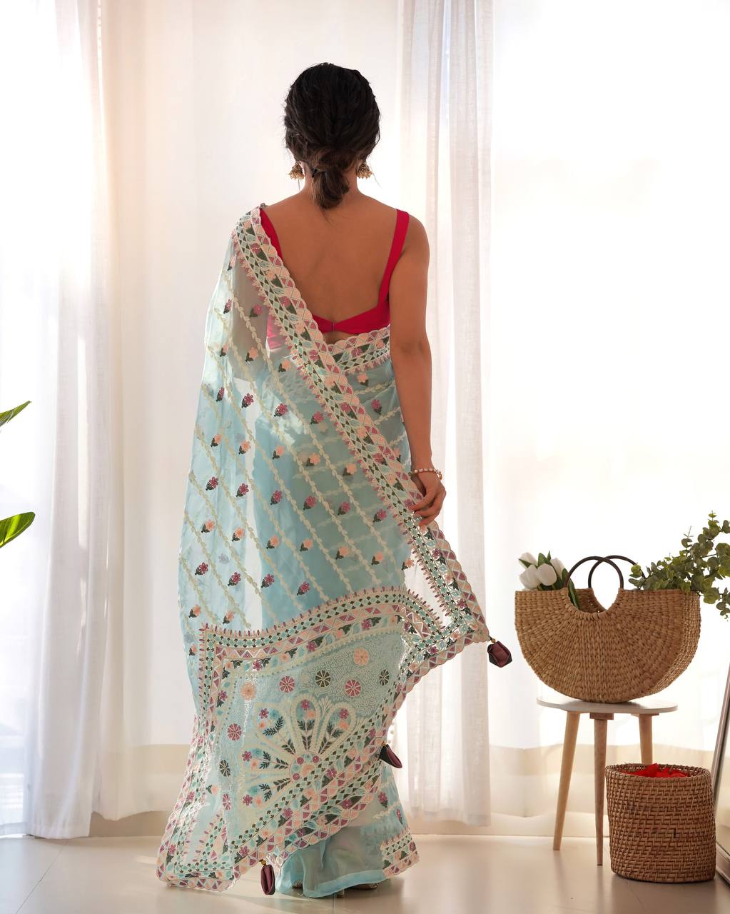 Teeya Creation Gajari Color Thai Organza Silk Embroidery Work Saree