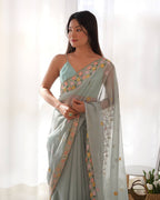 Teeya Creation Sky Color Thai Organza Silk Embroidery Work Saree