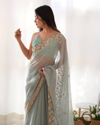 Teeya Creation Sky Color Thai Organza Silk Embroidery Work Saree