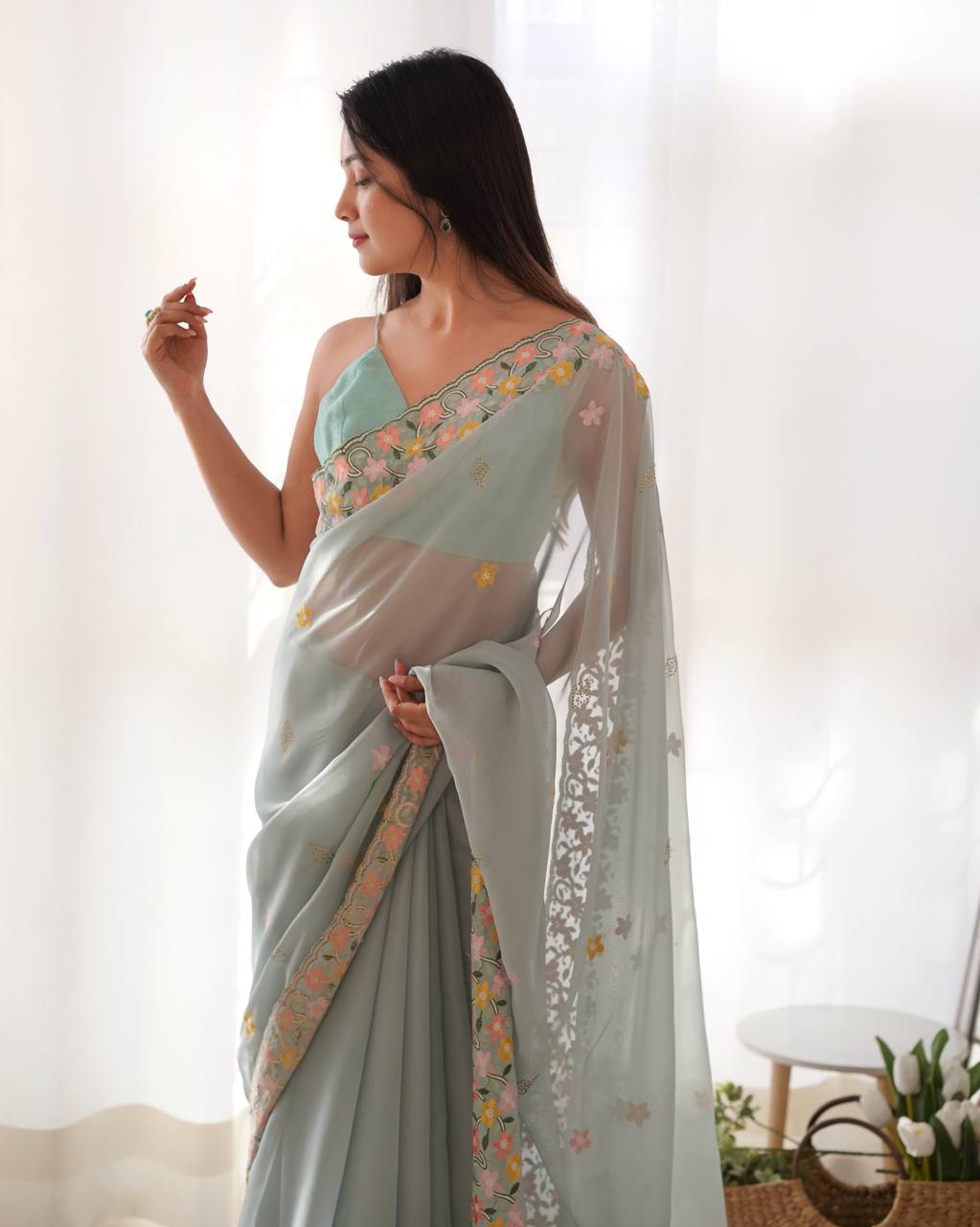 Teeya Creation Sky Color Thai Organza Silk Embroidery Work Saree