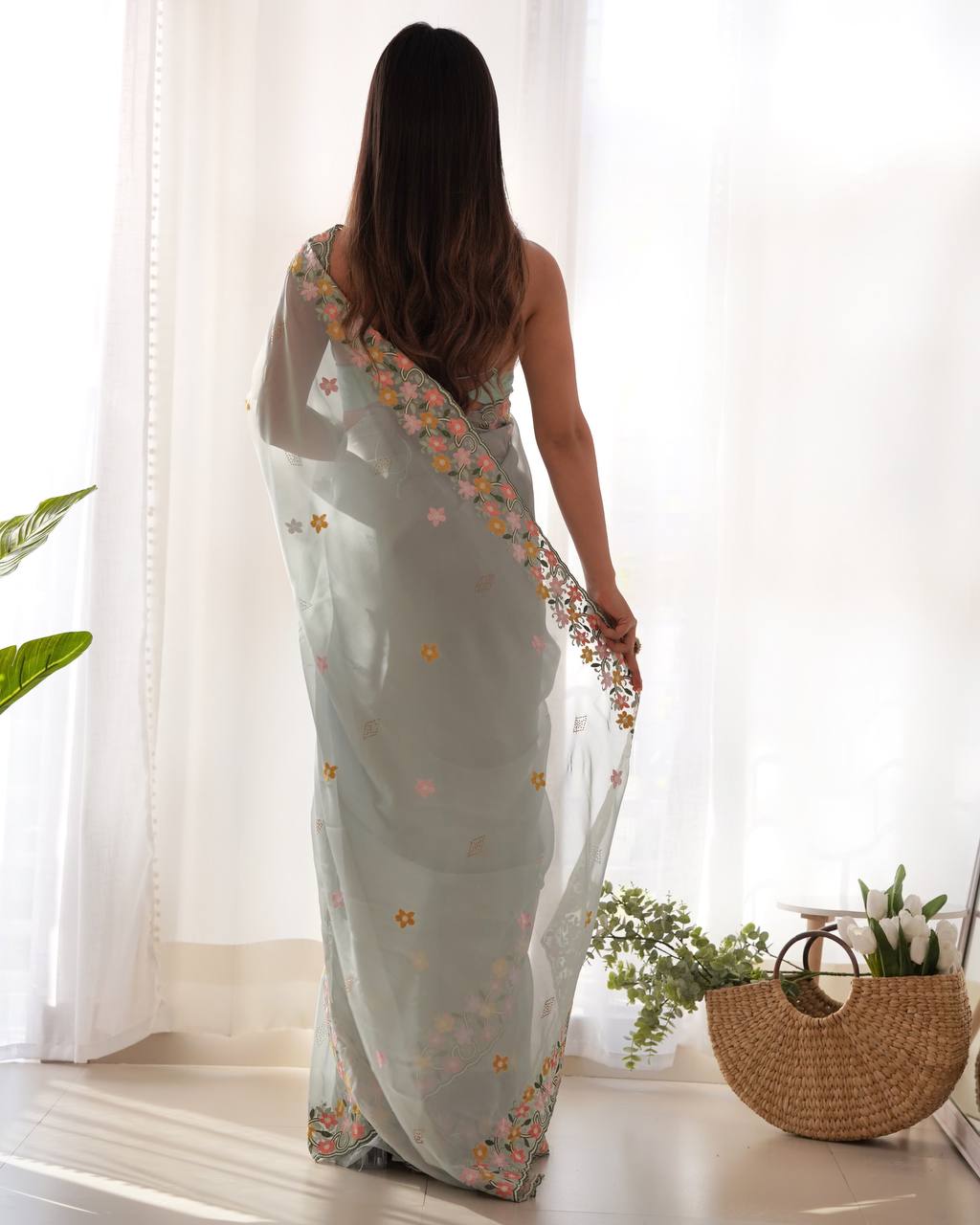 Teeya Creation Sky Color Thai Organza Silk Embroidery Work Saree