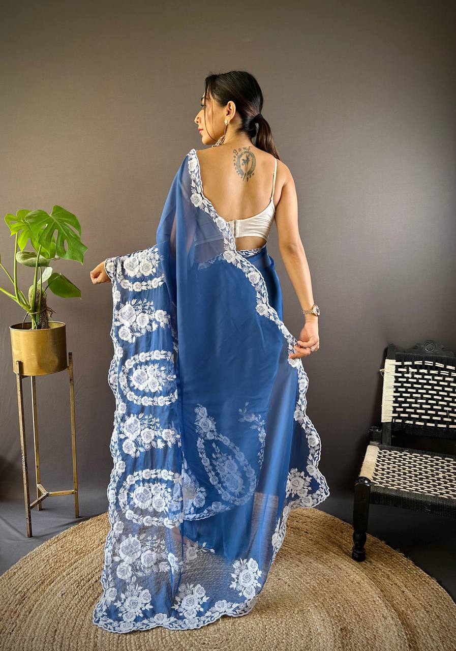 Teeya Creation Blue Color Thai Organza Silk Embroidery Work Saree