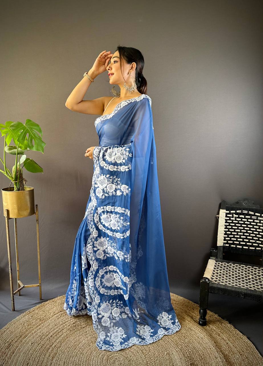 Teeya Creation Blue Color Thai Organza Silk Embroidery Work Saree