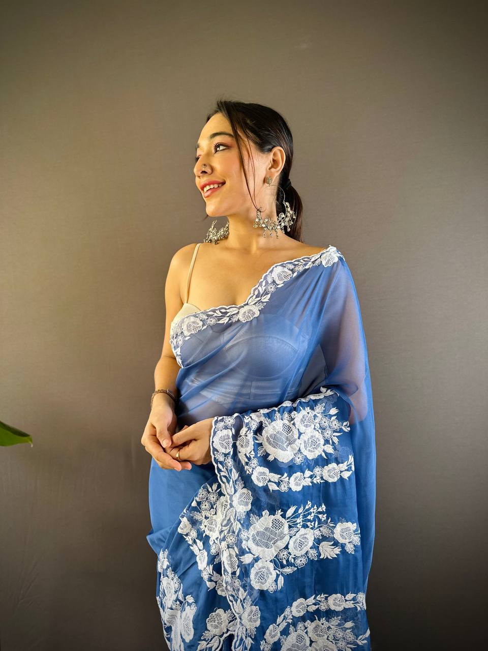 Teeya Creation Blue Color Thai Organza Silk Embroidery Work Saree