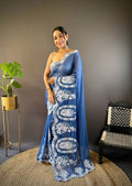Teeya Creation Blue Color Thai Organza Silk Embroidery Work Saree