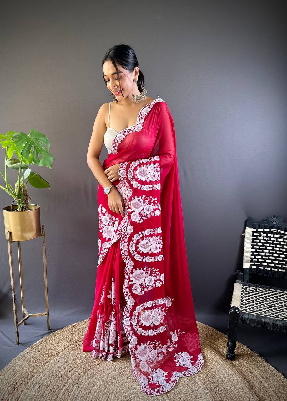 Teeya Creation Red Color Thai Organza Silk Embroidery Work Saree