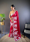 Teeya Creation Red Color Thai Organza Silk Embroidery Work Saree