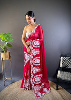 Teeya Creation Red Color Thai Organza Silk Embroidery Work Saree