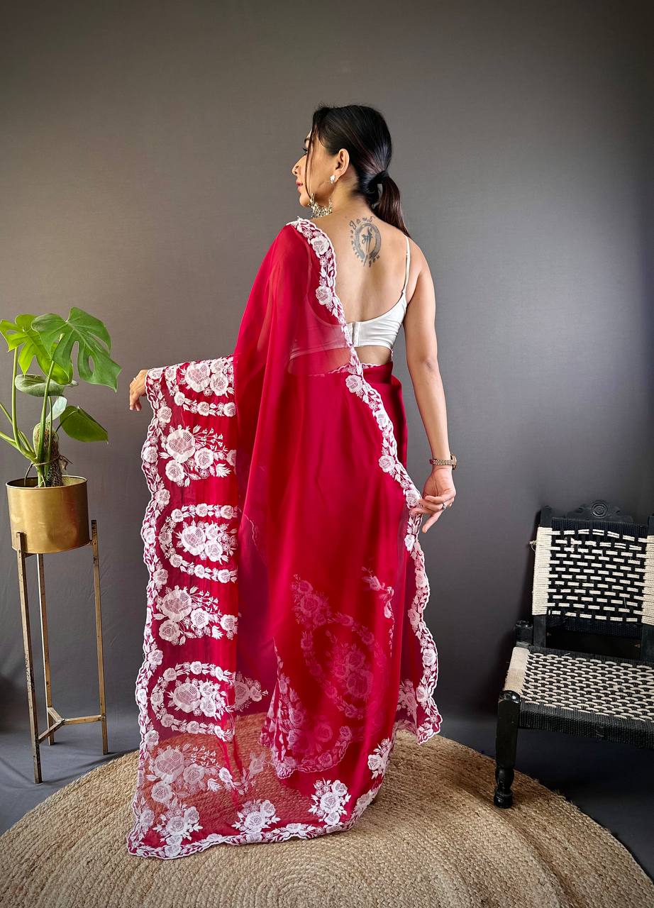 Teeya Creation Red Color Thai Organza Silk Embroidery Work Saree