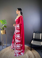 Teeya Creation Red Color Thai Organza Silk Embroidery Work Saree