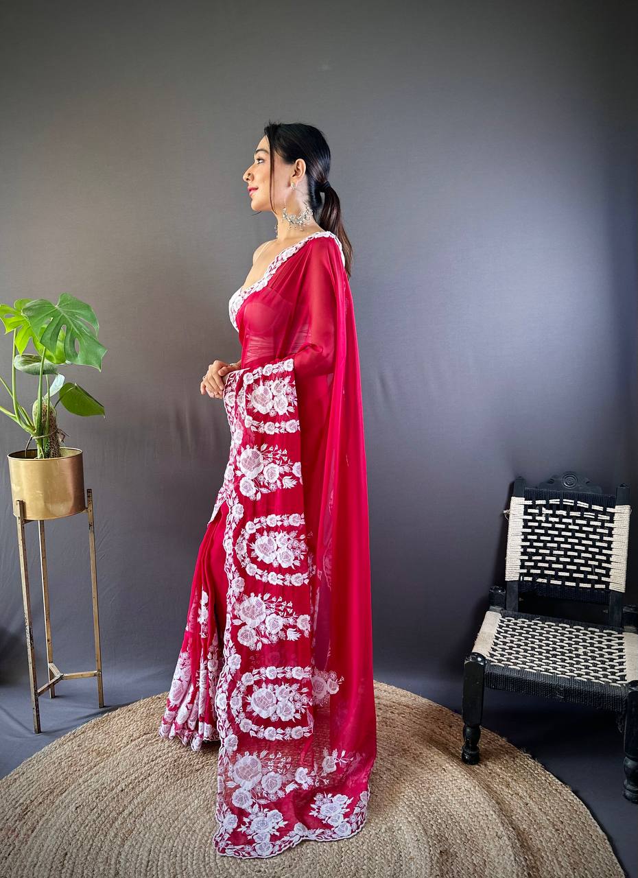 Teeya Creation Red Color Thai Organza Silk Embroidery Work Saree