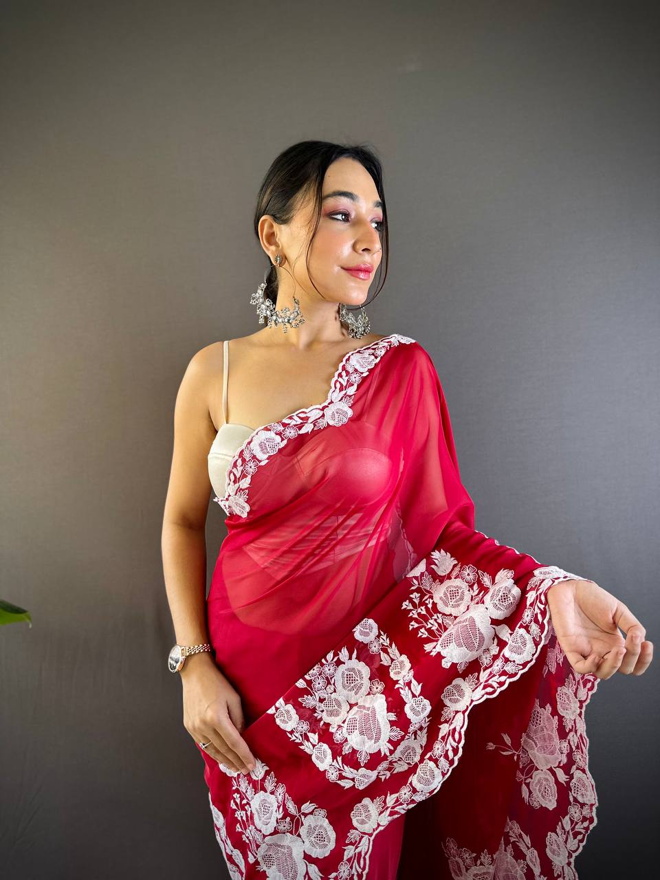 Teeya Creation Red Color Thai Organza Silk Embroidery Work Saree