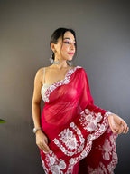 Teeya Creation Red Color Thai Organza Silk Embroidery Work Saree