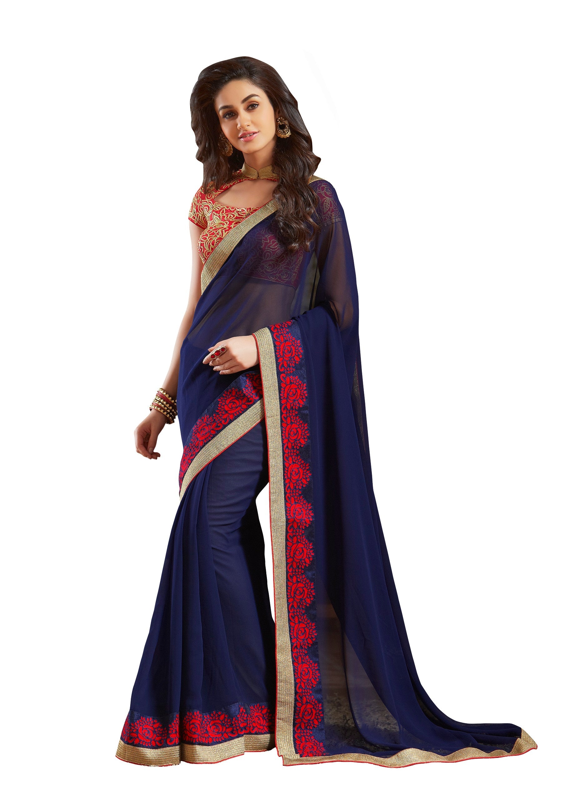 Vamika Navy Blue Designer Georgette Embroidery Saree