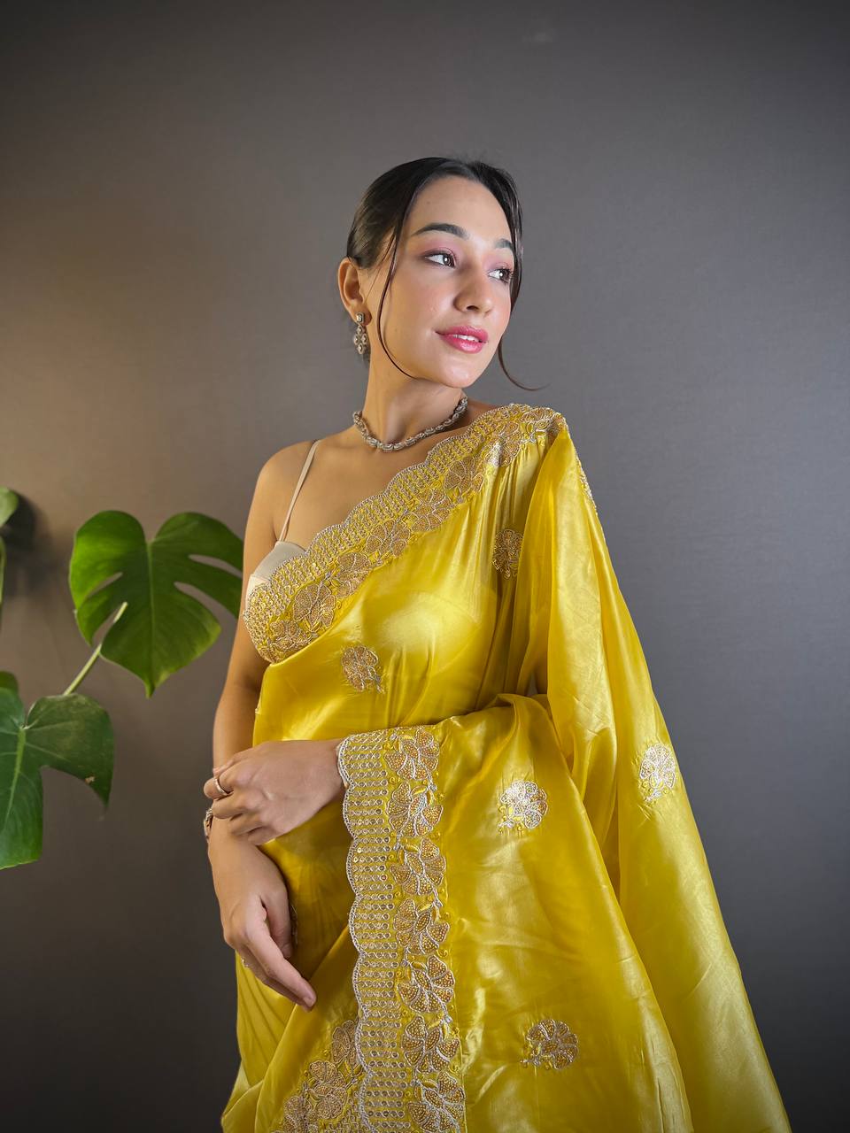 Teeya Creation Lemon Yellow Color Gold Crush Embroidery Work Saree - Distacart
