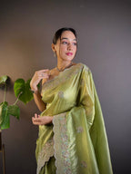 Teeya Creation Parrot Color Gold Crush Embroidery Work Saree - Distacart