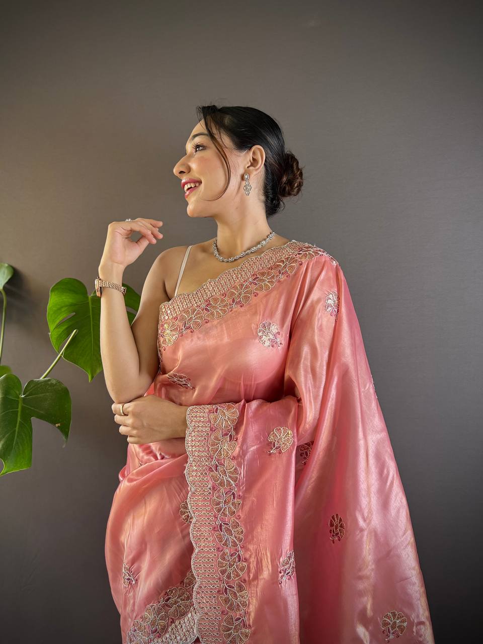Teeya Creation Peach Color Gold Crush Embroidery Work Saree - Distacart