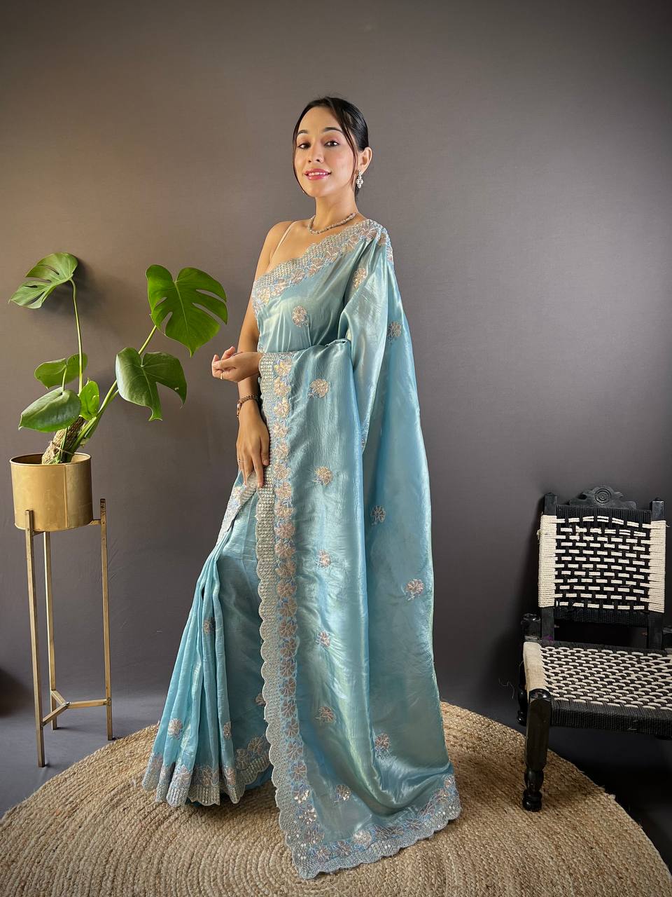 Teeya Creation Sky Color Gold Crush Embroidery Work Saree - Distacart