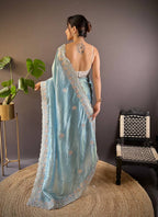 Teeya Creation Sky Color Gold Crush Embroidery Work Saree - Distacart