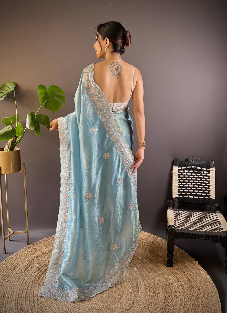 Teeya Creation Sky Color Gold Crush Embroidery Work Saree - Distacart