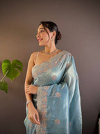 Teeya Creation Sky Color Gold Crush Embroidery Work Saree - Distacart
