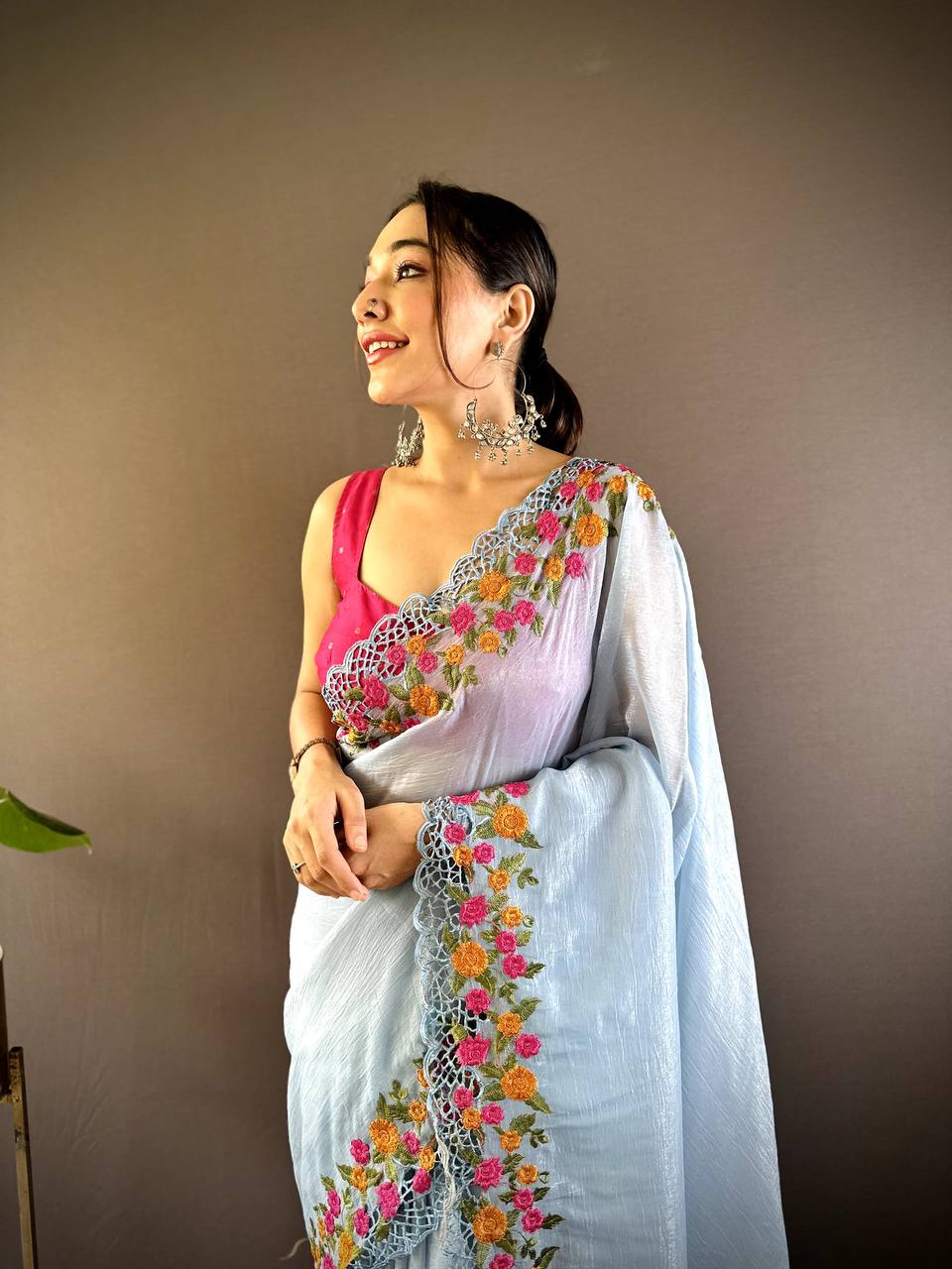 Teeya Creation Sky Color Gold Crush Embroidery Work Saree - Distacart