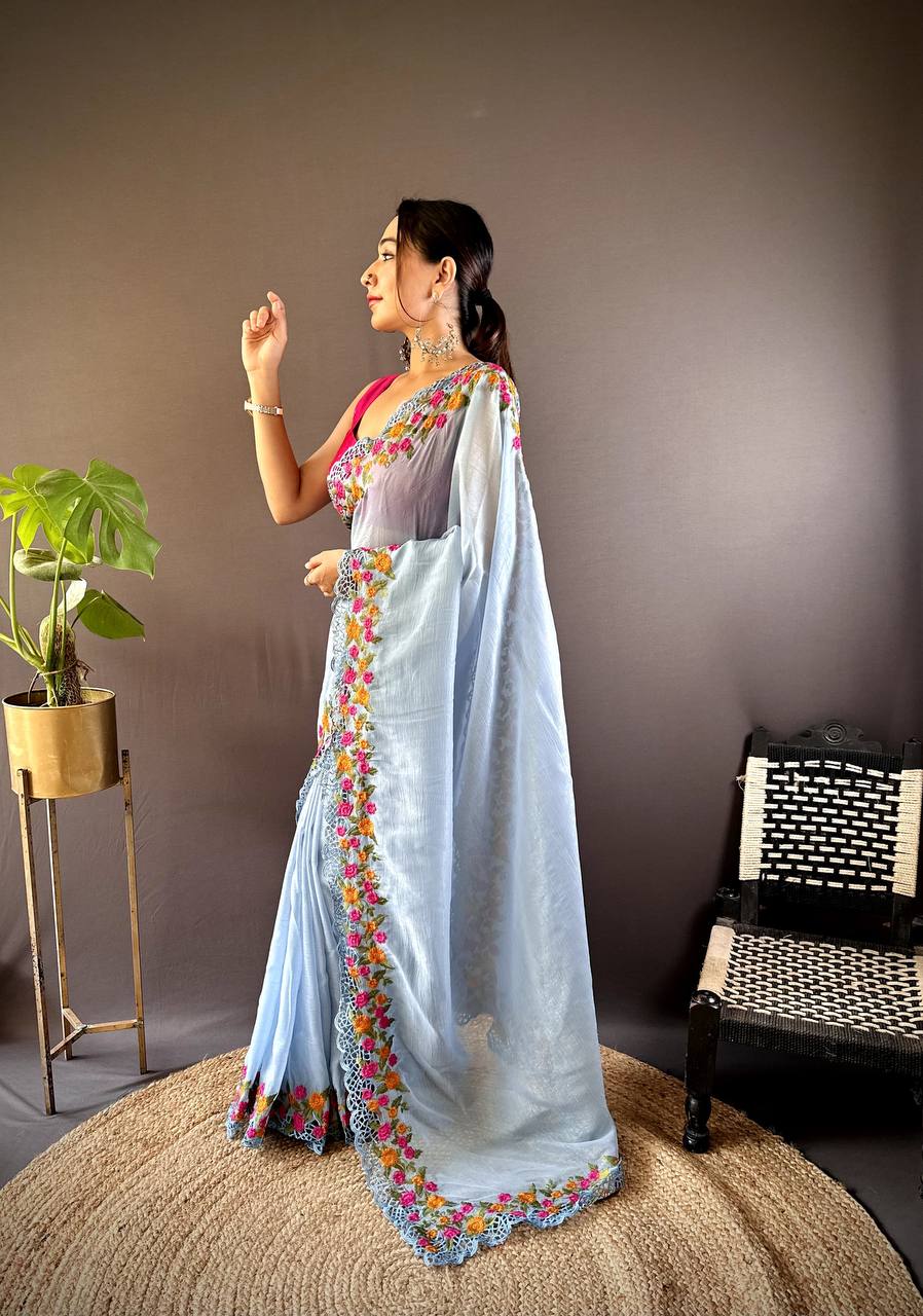 Teeya Creation Sky Color Gold Crush Embroidery Work Saree - Distacart