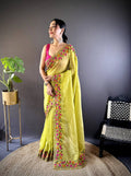 Teeya Creation Olive Color Gold Crush Embroidery Work Saree - Distacart