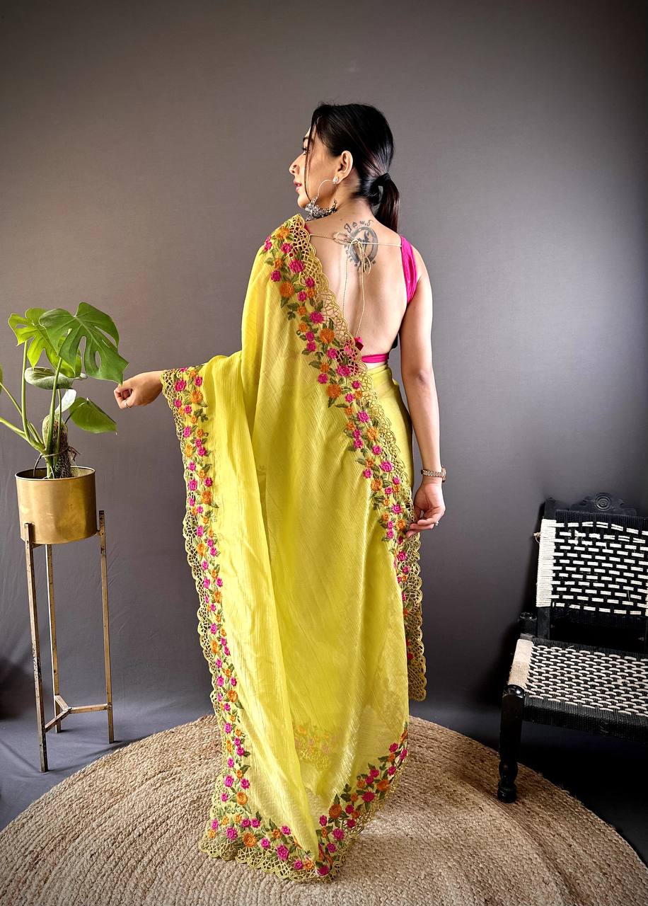 Teeya Creation Olive Color Gold Crush Embroidery Work Saree - Distacart