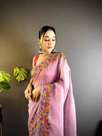Teeya Creation Onion Color Gold Crush Embroidery Work Saree - Distacart