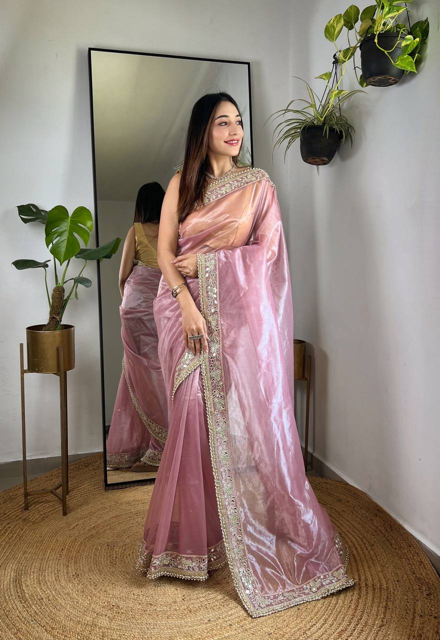 Teeya Creation Lavender Color Silver Tissue Silk Embroidery And Mirror Work Saree