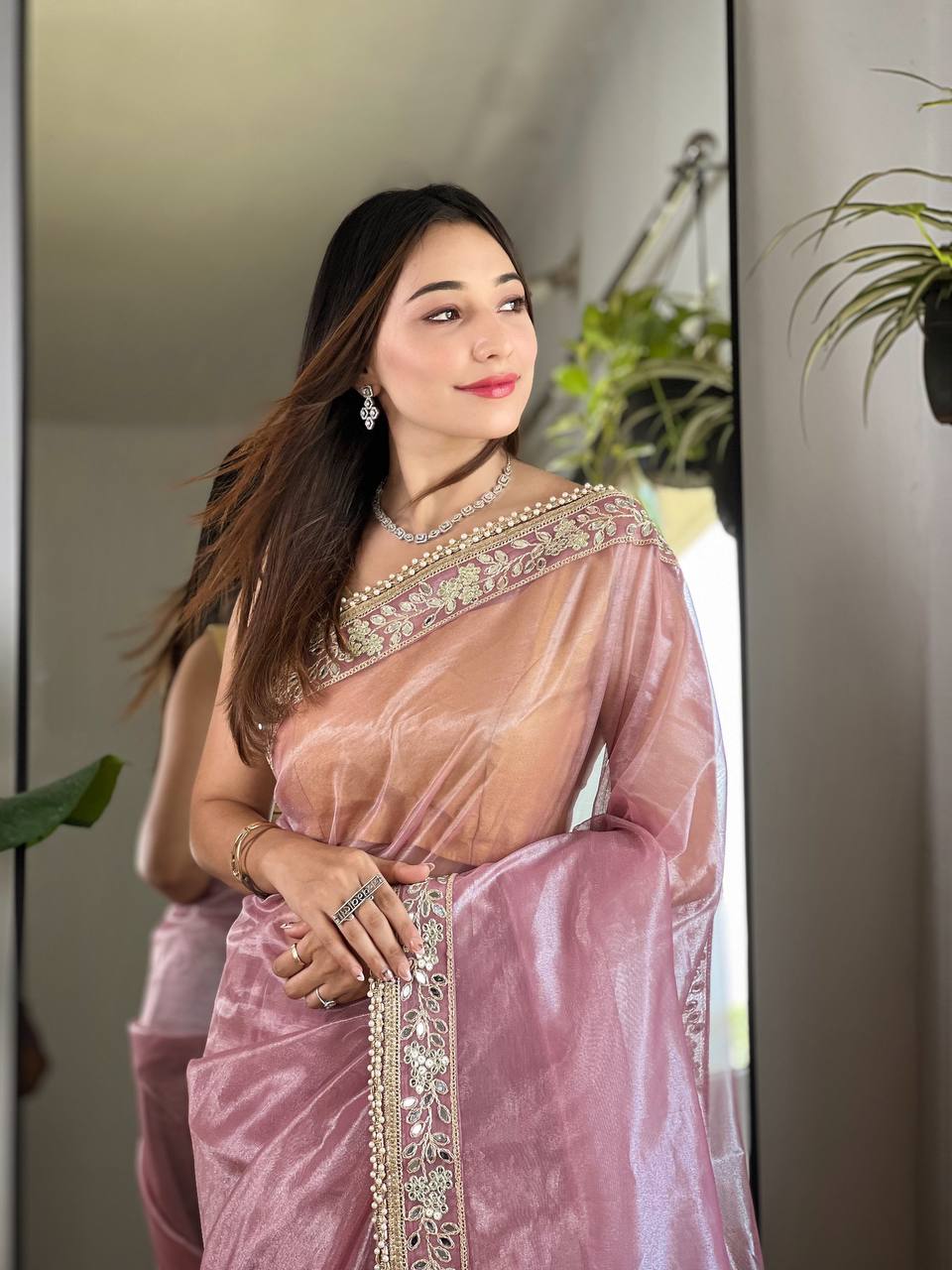Teeya Creation Lavender Color Silver Tissue Silk Embroidery And Mirror Work Saree