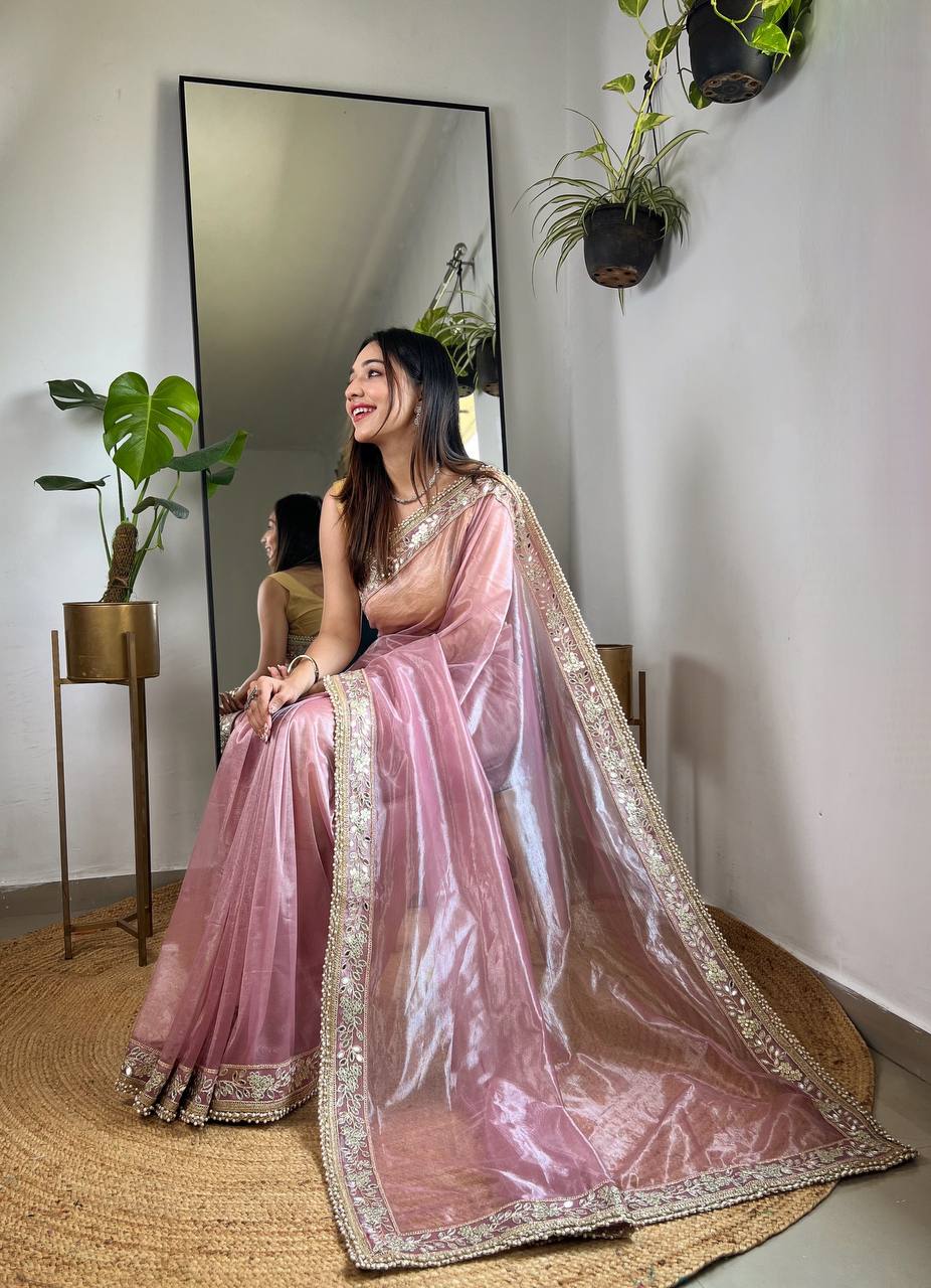 Teeya Creation Lavender Color Silver Tissue Silk Embroidery And Mirror Work Saree