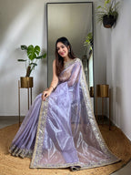 Teeya Creation Lavender Color Silver Tissue Silk Embroidery And Mirror Work Saree