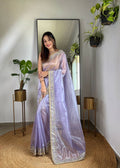 Teeya Creation Lavender Color Silver Tissue Silk Embroidery And Mirror Work Saree