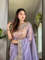 Teeya Creation Lavender Color Silver Tissue Silk Embroidery And Mirror Work Saree