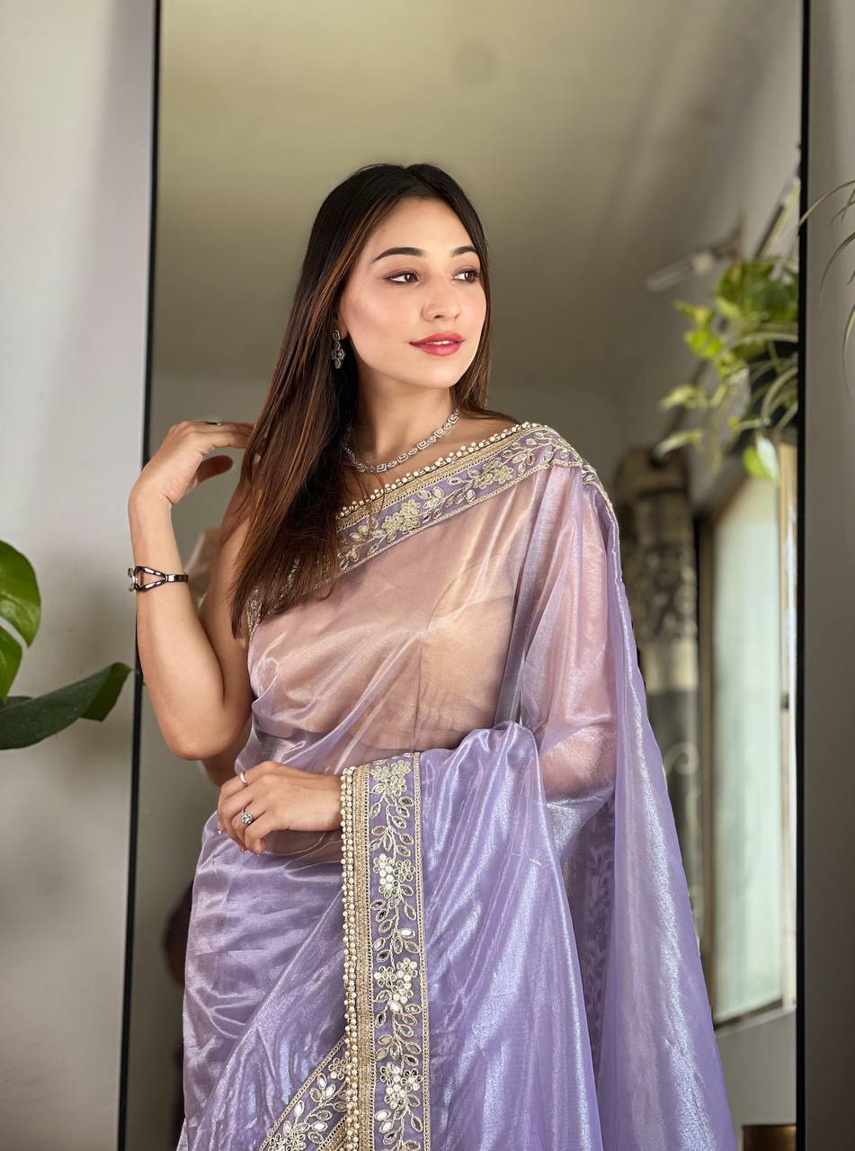 Teeya Creation Lavender Color Silver Tissue Silk Embroidery And Mirror Work Saree