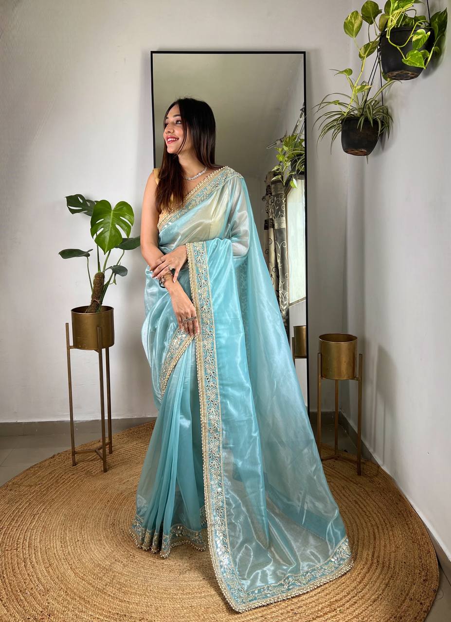 Teeya Creation Lavender Color Silver Tissue Silk Embroidery And Mirror Work Saree