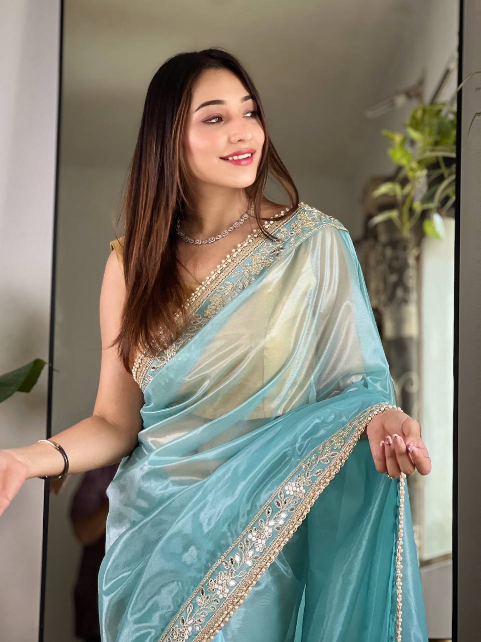 Teeya Creation Lavender Color Silver Tissue Silk Embroidery And Mirror Work Saree