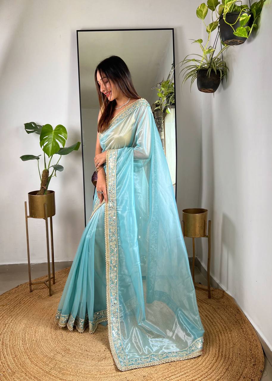 Teeya Creation Lavender Color Silver Tissue Silk Embroidery And Mirror Work Saree