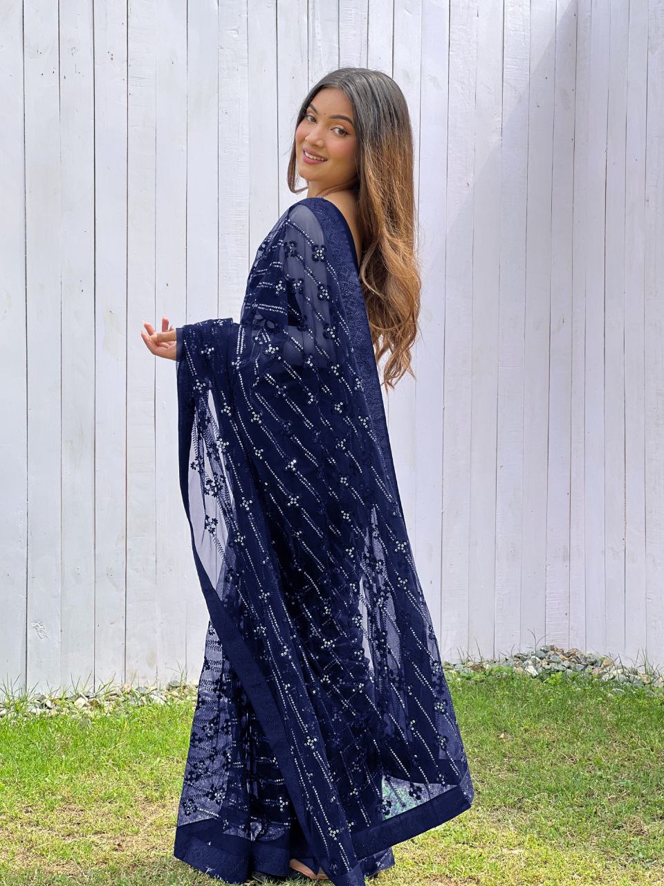 Teeya Creation Blue Color Butterfly Net Embroidery Work Saree