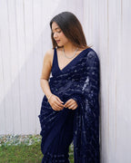 Teeya Creation Blue Color Butterfly Net Embroidery Work Saree