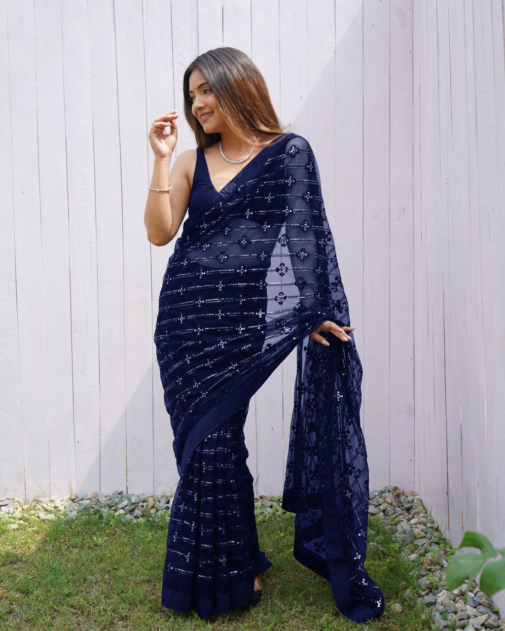 Teeya Creation Blue Color Butterfly Net Embroidery Work Saree